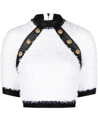 Balmain - Button-Embellished Tweed Crop Top - Lyst