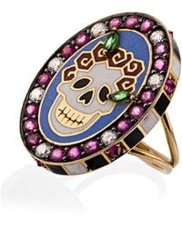 Holly Dyment Womens Multi 18k Yellow Gold Skull Sunday Diamond Sapphire Ring - Multicolour