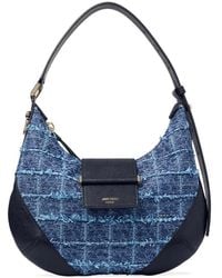 Jimmy Choo - Bar Small Marine Crosshatch Denim Fabric Shoulder Bag With Biker Leather Trim - Lyst