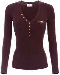 Elisabetta Franchi - Ribbed Knit Top With Breast Pocket - Lyst