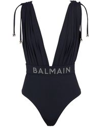 Balmain - Logo Draped Swimsuit - Lyst