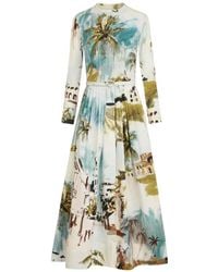 Oscar de la Renta - Dominican Landscape Cotton Poplin Short-Sleeve Dress - Lyst