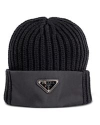 Prada - Ribbed-Knit Logo-Plaque Beanie Hat - Lyst
