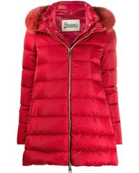 Herno Doudoune zippée à capuche bordée de fourrure - Rouge