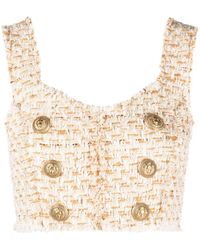Balmain - Button-embellished Tweed Cropped Top - Lyst