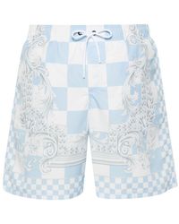 Versace - Swim Shorts With Medusa Contrast Print And Checkered Pattern - Lyst
