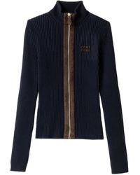 Miu Miu - Geribbeld Vest Met Leren Afwerking En Rits - Lyst