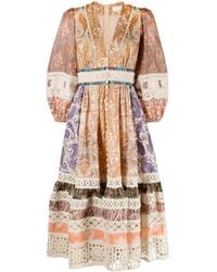 Zimmermann - Devi Paisley-patterned Broderie-trim Regular-fit Linen Midi Dres - Lyst