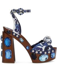 Dolce & Gabbana - Majolica-Print Embellished Wedge Sandals - Lyst