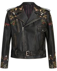 Etro - Floral-Embroidery Leather Biker Jacket - Lyst