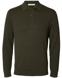 SELECTED - Ribbed-Knit Long-Sleeve Polo Shirt - Lyst
