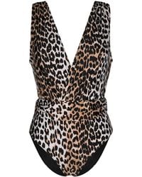 Ganni - Leopard Print V-neck Swimsuit - Lyst