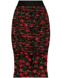 Dolce & Gabbana - Cherry-Print Tulle Midi Skirt With Branded Elastic And Draping - Lyst