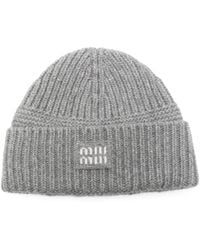 Miu Miu - Logo-Patch Ribbed-Knit Wool Beanie - Lyst