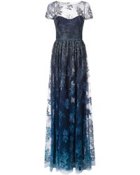 Marchesa notte Vestido de fiesta translúcido con bordado floral - Azul