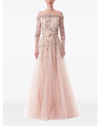 Dina Melwani - Peacock-Embroidered Off-Shoulder Maxi Dress - Lyst