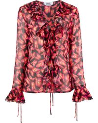 MSGM - Graphic-Print Ruffle-Detail Blouse - Lyst