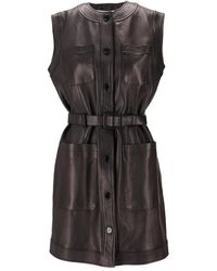 LA ROSE - Buttoned Belted Leather Dress - Lyst