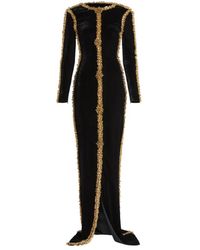 Balmain - Long Velvet Dress With Embroidered Trim - Lyst