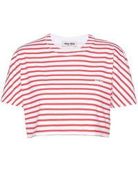 Miu Miu - Logo-print Striped Cropped T-shirt - Lyst