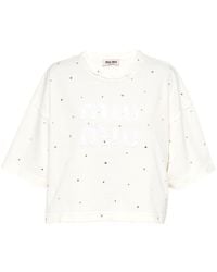 Miu Miu - Crystal-embellished Distressed Cropped T-shirt - Lyst