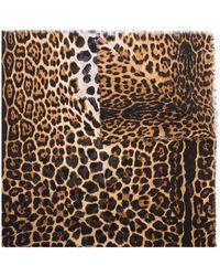 Saint Laurent Leopard-print Frayed Scarf in Brown | Lyst