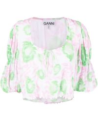 Ganni - Floral-print Pleated Georgette Blouse - Lyst