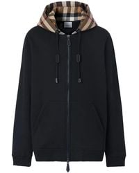 Burberry - Check Hood Cotton Blend Hoodie - Lyst