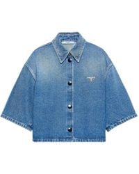 Prada - Logo Cropped Denim Shirt - Lyst
