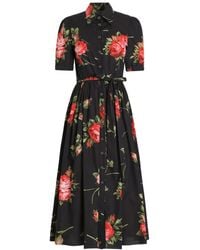 Dolce & Gabbana - Hemdblusenkleid Aus Popeline Mit Rosenbouquet-Print - Lyst