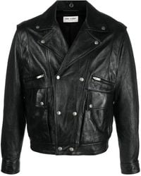 Saint Laurent - Crinkled-Effect Biker Leather Jacket - Lyst