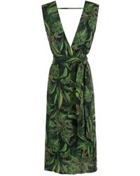 Isolda Leaf-print V-neck Dress - Green