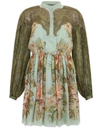 Alberta Ferretti - Lace-Trimmed Floral-Print Mini Dress - Lyst