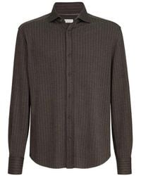 Brunello Cucinelli - Virgin Wool, Silk And Cotton Chalk Stripe Piqué Shirt With Spead Collar - Lyst