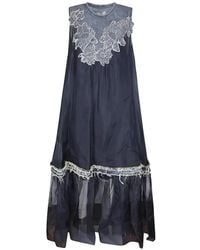 Hui Milano - Floral-Appliqué Frayed-Edge Midi Dress - Lyst