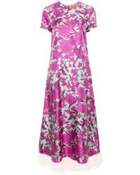 La DoubleJ - Swing Feather-trimmed Floral-print Silk-twill Maxi Dress - Lyst