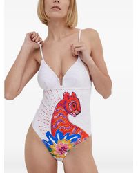 Desigual - Strappy Cat Graphic-Print V-Neck Swimsuit - Lyst
