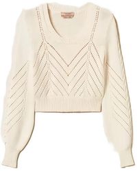 Twinset - Cropped Wool-Blend Jumper With Chevron Design - Lyst