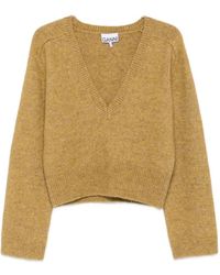 Ganni - Ribbed-Trim V-Neck Sweater - Lyst