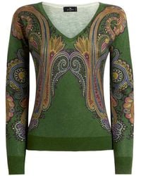 Etro - Silk And Cashmere Sweater With V-Neck And Placed Paisley-Print - Lyst