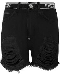 Philipp Plein - Crystal-embellished Raw-cut Denim Shorts - Lyst