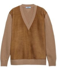 Prada - Cashmere, Wool And Suede V-Neck Sweater - Lyst