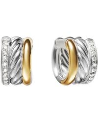 David Yurman - 18Kt And Sterling Dy Mercer Diamond Huggie Hoop Earrings (14Mm) - Lyst