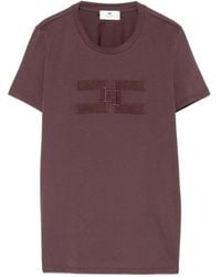 Elisabetta Franchi - Bordeaux Cotton T-Shirt With Textured Logo Detail - Lyst