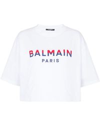 Balmain - Flocked-logo Cropped Organic-cotton T-shirt - Lyst