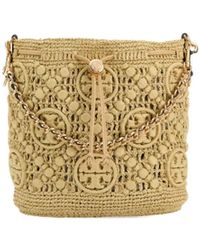 Tory Burch - T Monogram Raffia Beuteltasche - Lyst