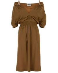 Miu Miu - Gathered V-neck midi dress - Lyst