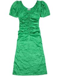 Ganni - Crinkled-Effect Puff-Sleeve Midi Dress - Lyst