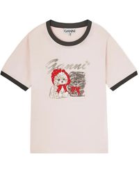 Ganni - Ringer T-Shirt Met Hondenprint - Lyst