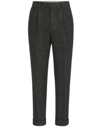 Brunello Cucinelli - Silk, Wool And Cashmere Prince Of Wales Flannel Trousers With Pleat - Lyst